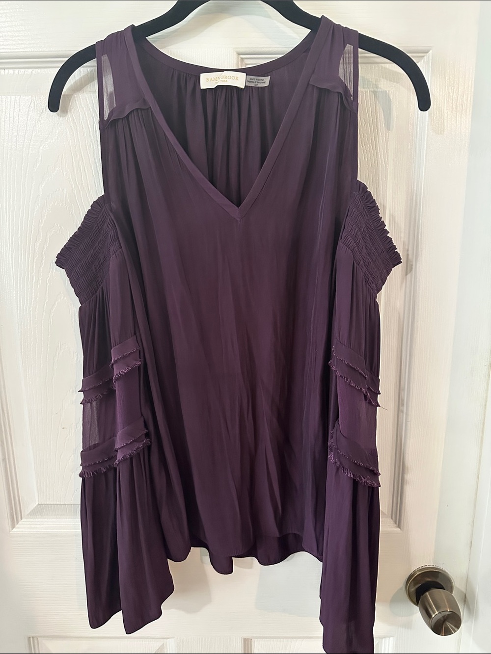 Ramy Brook Plum Cold-Shoulder V-Neck Ruffle Blouse small